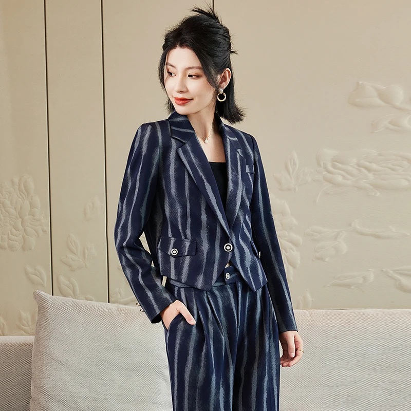 High Quality Fabric Elegant Striped Ladies Office Work Wear Suits Business Blazers Pantsuits Professional Career Trousers Set