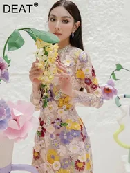 DEAT Elegant Dress Embroidery 3D Flower Gauze Patchwork Long Sleeve Women's Evening Party Dresses 2024 Autumn New Tide 13DB2752