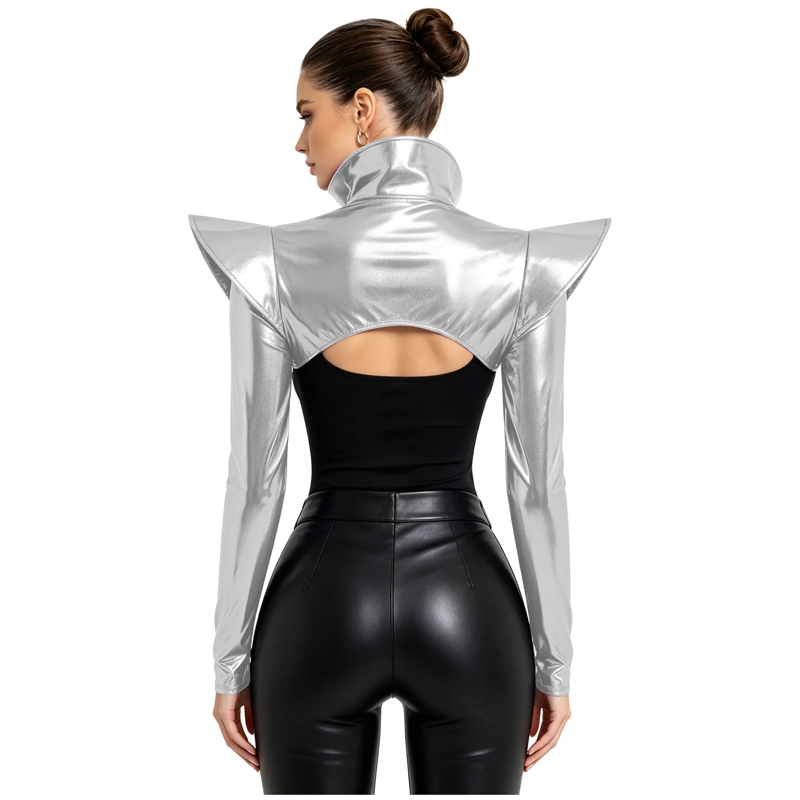 Women Punk Metallic Shiny Shrugs Armor Crop Top Long Sleeve Structured Epaulets Buckle Open Front Pauldron Gothic Dance Clubwear