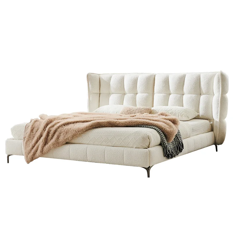 

French Cream Wind Fabric Bed, Muscle Bed Master Bedroom Double Bed Husk Italian Minimalist Lamb Fleece Bed