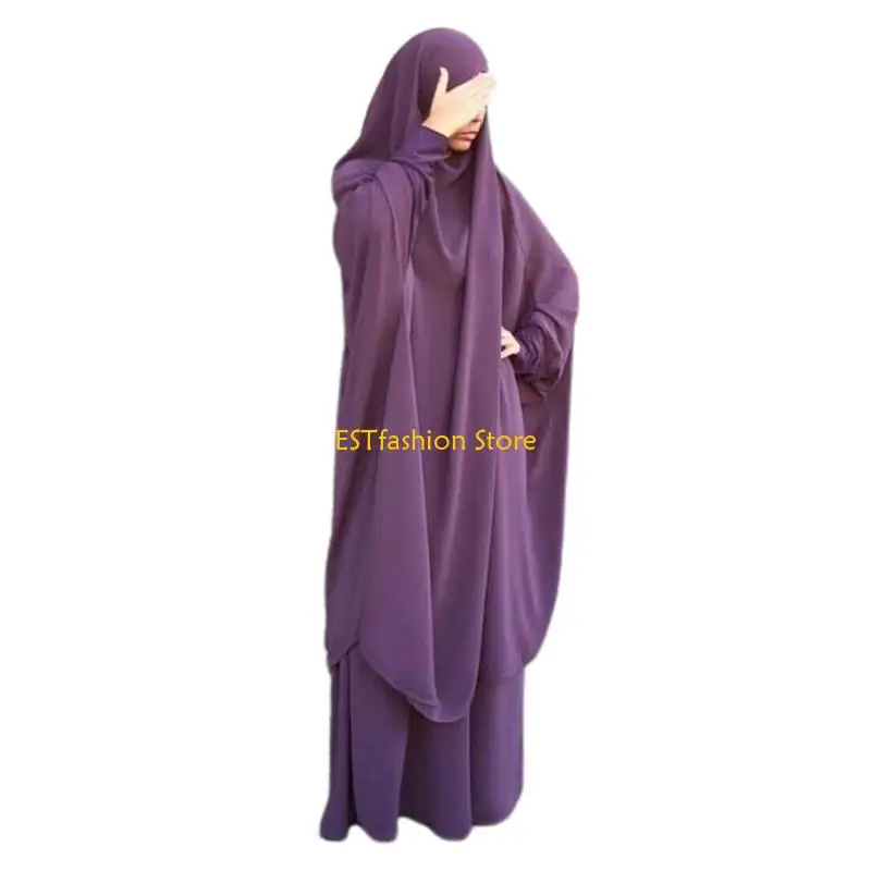 Y5GC Womens 2 Pieces Muslim Prayer Dress Long Sleeve Hijab Scarf Khimar and Skirt Set Islamic Abaya Full Length Kaftan Robe