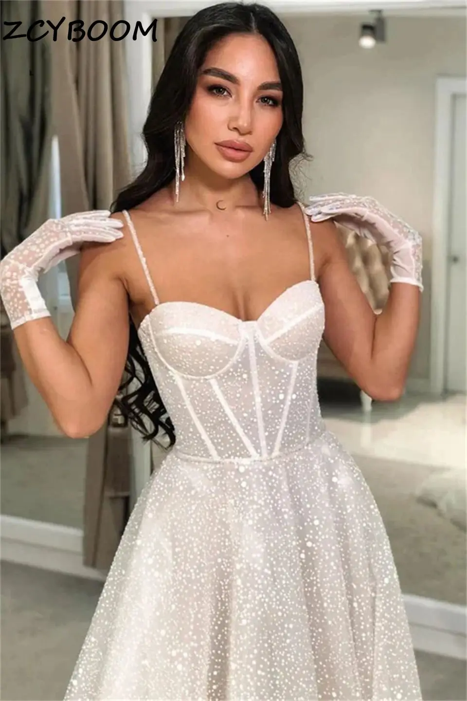 

Charming Sweetheart Neck Bling Spaghetti Strap Sequined A-line Wedding Dresses 2024 Sweep Train Bridal Gowns Vestido De Noiva