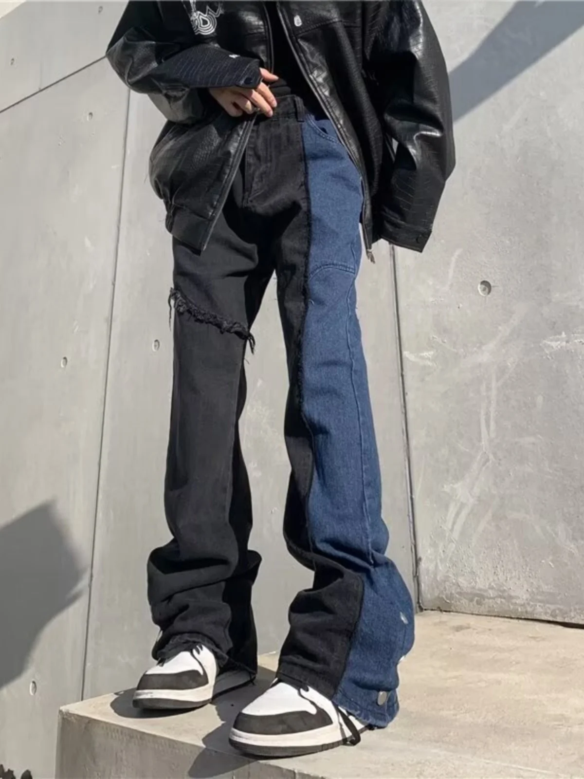 Calças Jeans Casuais Largas sex com Contraste de Cores Estilo Retrô Americano, Tendência Jovem em Aodão e Poliéster