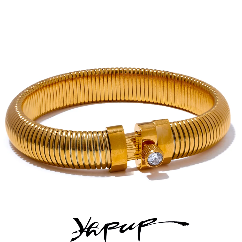 Yhpup Stainless Steel Elastic Thick Metal Bracelet Bangle Statement CZ Popular Fashion Unisex Jewelry for Men Women Waterproof