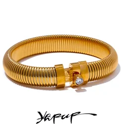 Yhpup Stainless Steel Elastic Thick Metal Bracelet Bangle Statement CZ Popular Fashion Unisex Jewelry for Men Women Waterproof