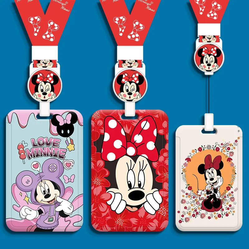 Disney Minnie Mickey Cartoon Work Card Holder Women ID Name Tag Students Bus Card Cover Case Retractable Badge Reel IC Card Bag