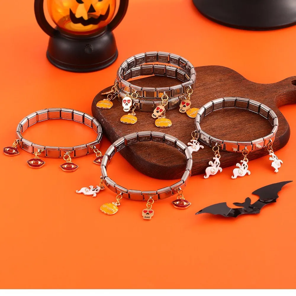 

Halloween Italian Charm Stainless Steel Elastic Module Bracelet with Pumpkin Ghost Skull Charms 9mm DIY Stackable Bangle Jewelry