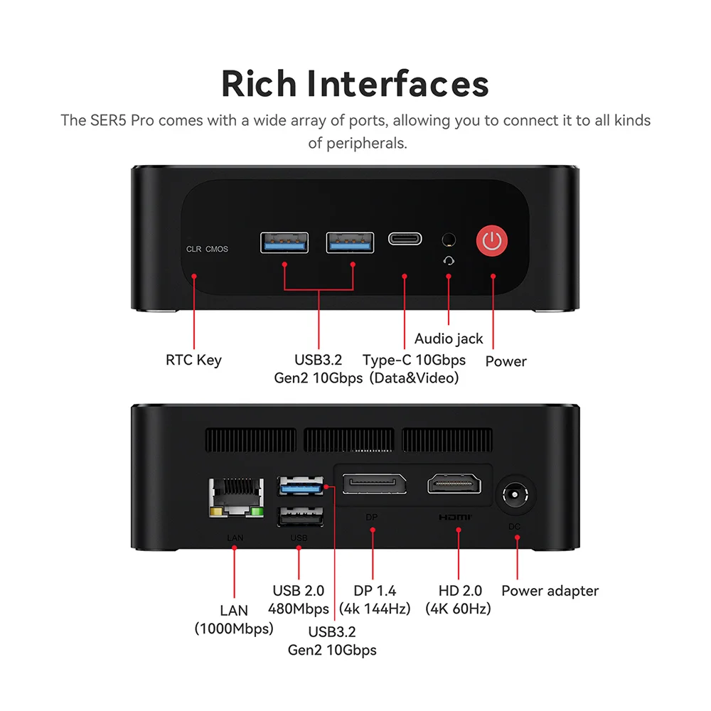 Imagem -05 - Mini pc Amd Ryzen Ser5max 5800h Ddr4 16gb 32gb Ssd 500gb Suporta Wifi Bt5.2 4k Dual hd Desktop 1000m Beelink-ser5 5700u