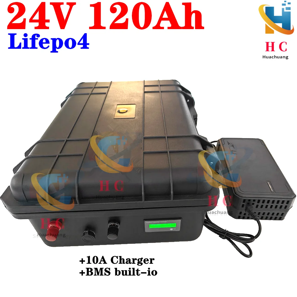 

24V 120Ah Lifepo4 Lithium Rion Battery Pack With BMS 150A For Fishing Boat Motor AGV Car Truck Marine Caravan +10A Charger