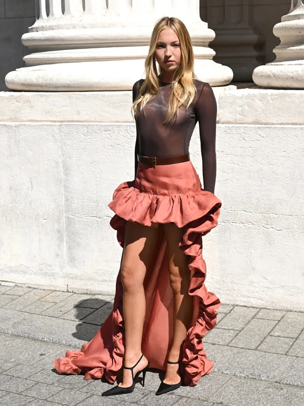 유럽 및 미국 스타일 러플 케이크 스커트 2025년 가을 겨울 신상 레트로 롱 언밸런스 하이웨이스트 스커트