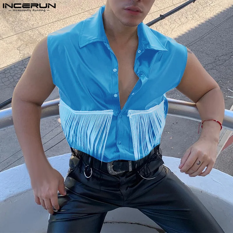 Men Shirt PU Leather Tassel Patchwork Lapel Sleeveless Casual Men Clothing Summer Button Streetwear 2024 Fashion Vests INCERUN