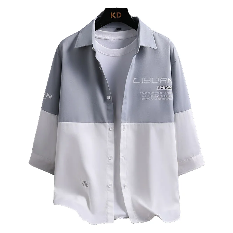 اتجاه الصيف: قميص رجالي 3/4 كم مع طية صدر السترة حجب الألوان قميص كاجوال فضفاض مناسب مريح نمط البوب الشبابي للرجال