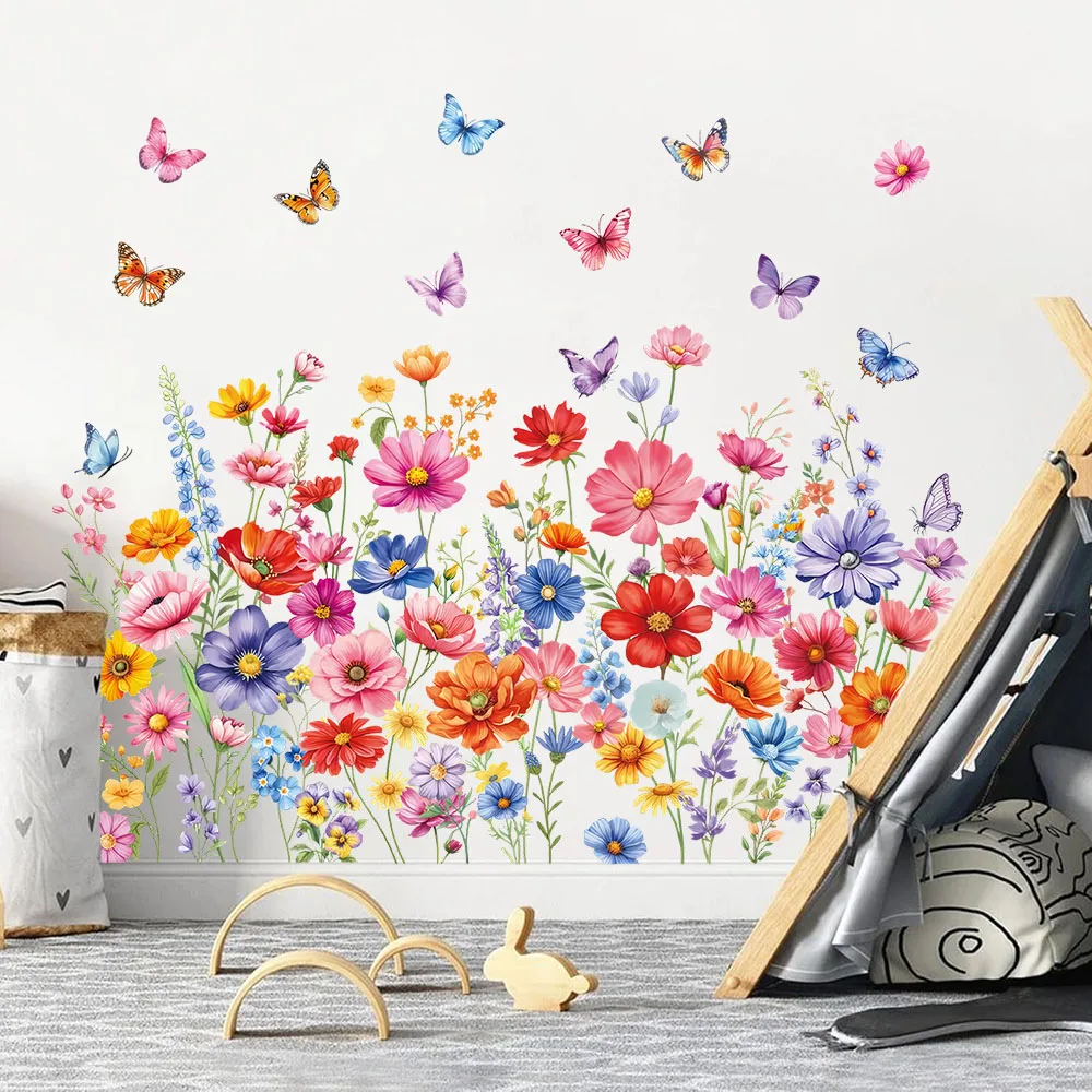 Spring Summer Colorful Flower Wall Stickers Decals Wildflower Bouquet Butterfly Plants Wall Decals Bedroom Bathroom Home Decor