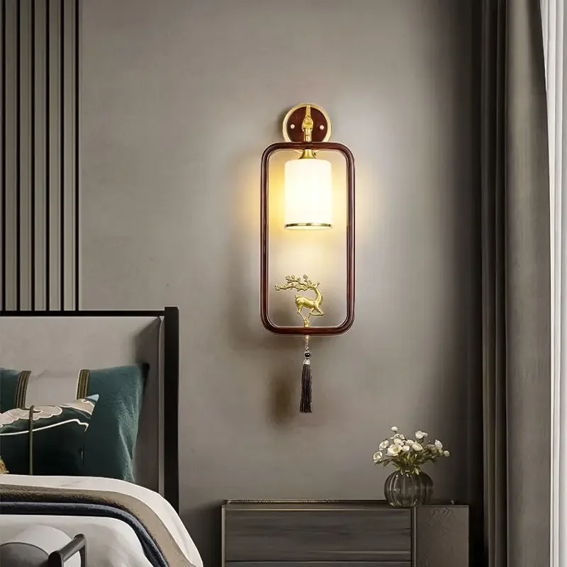 For New Chinese Style All Copper Wall Lamp Spectrum Zen Gourd Living Room Bedroom Background Wall Lamp Solid Wood Bedside