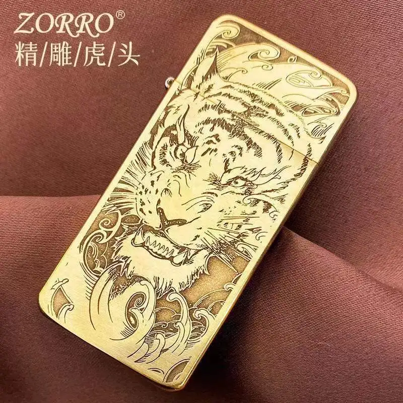 Zorro Ultra-thin Pure Copper Mini Kerosene Lighter Portable Metal Windproof Grinding Wheel Lighter Cigarette Smoking Gadget