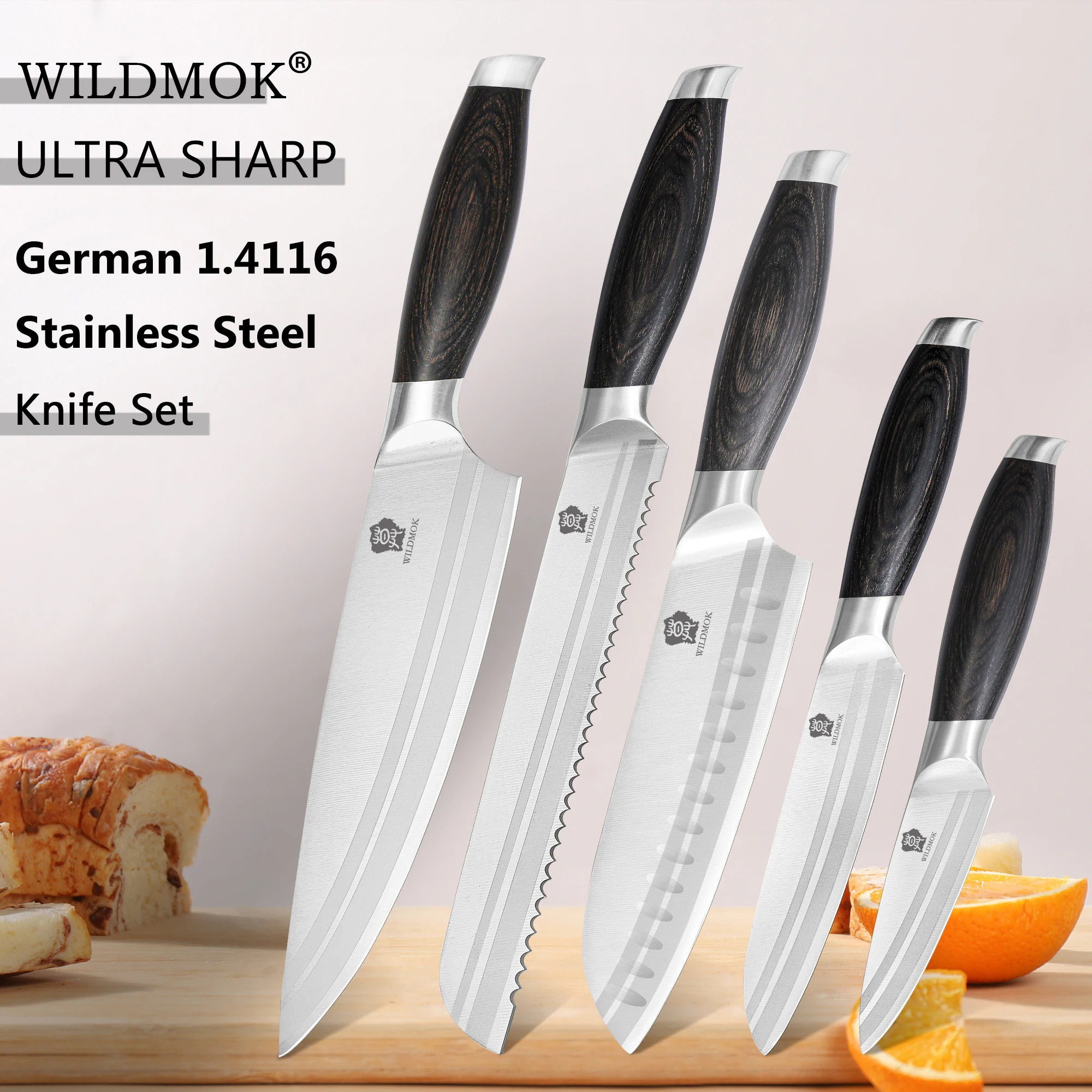 WILDMOK 5 Pcs Kitchen Knife Set, German Stainless Steel Knives Pakkawood Handle Multipurpose Cooking Knives Gift For Kitchen