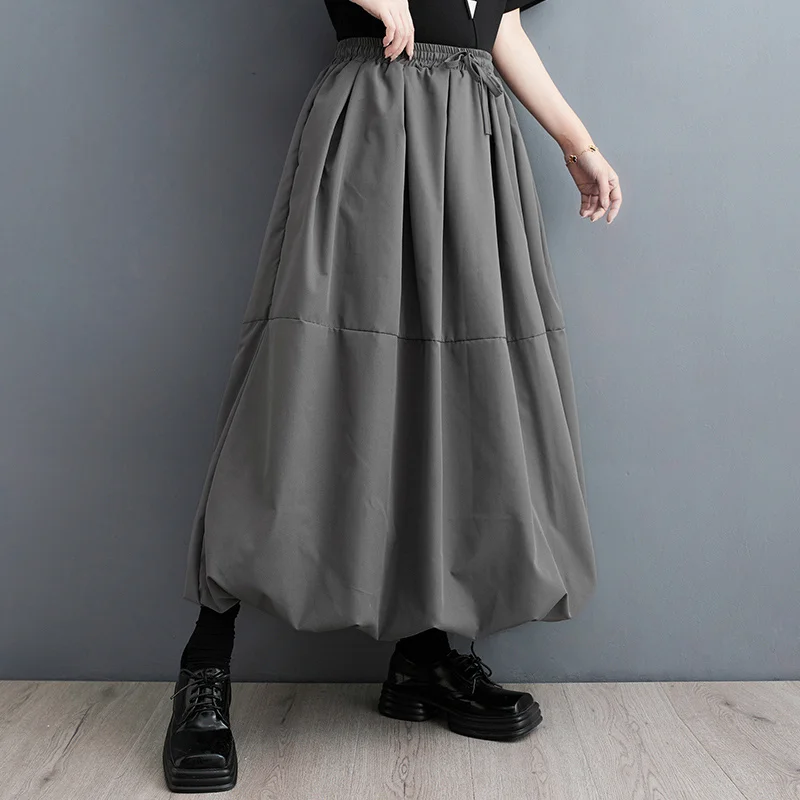 #3001 Spring Summer Black Grey High Waisted A-line Skirt Women Pleated Gothic Skirt Female Loose Vintage Drawstring Midi Skirts