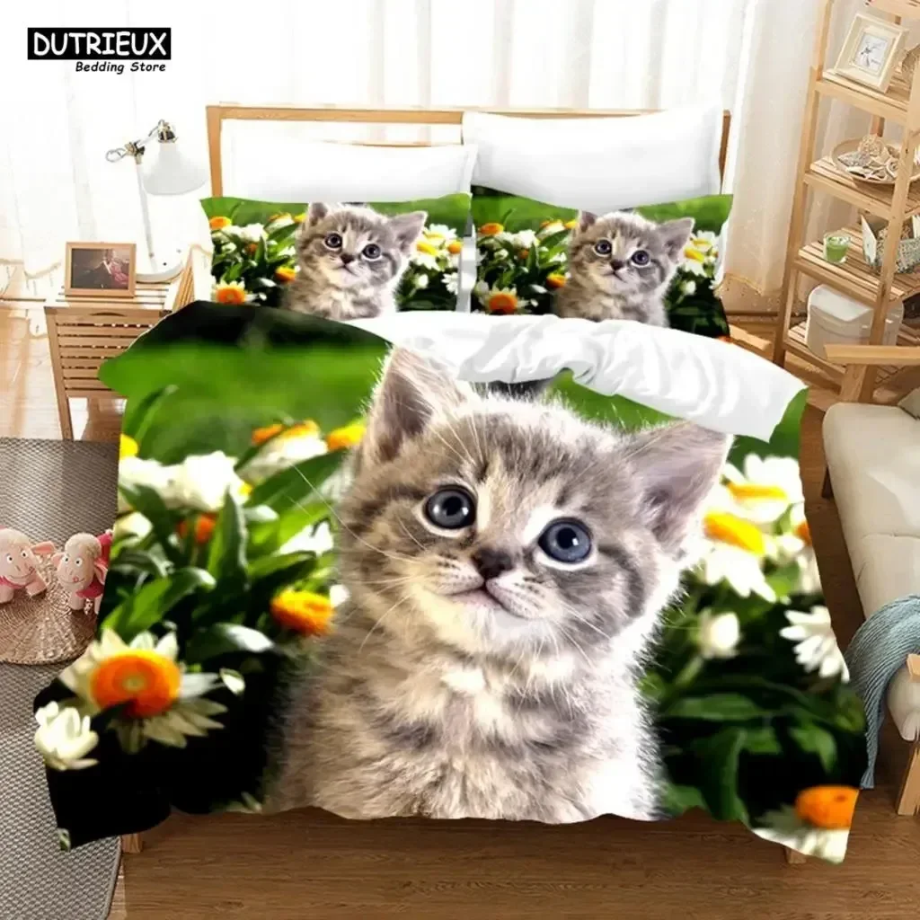 Cute Baby Cat Bedding Set White Black Kitten Bed Linen Single Double Queen Twin Full Size Duvet Cover Kids Girls Dogs Room Decor