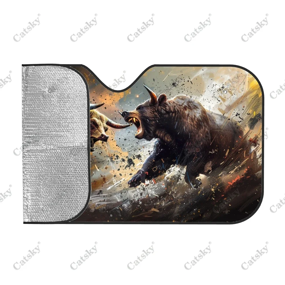 Bear and Bull Fighting Car Windshield Sunshade, Front Auto Car Windshield Sun Shade Blocks Uv Rays Sun Visor Protector