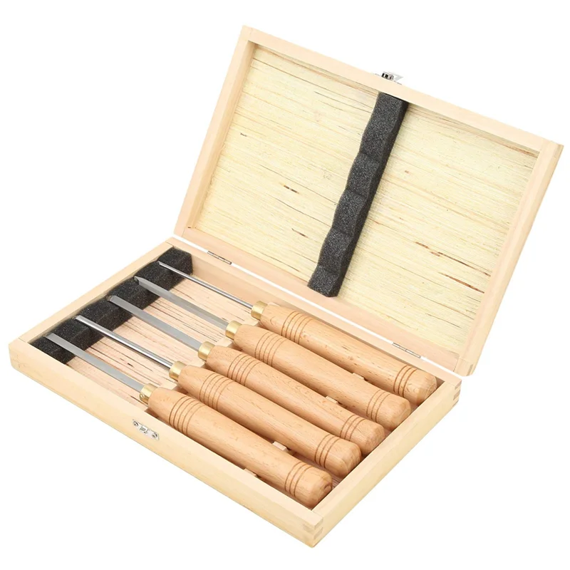 AB47-Juego de torno de herramientas para carpintería, herramientas de torneado de madera, juego de cinceles de torno, juego de 5 piezas para mangos de madera dura, acero de alta velocidad