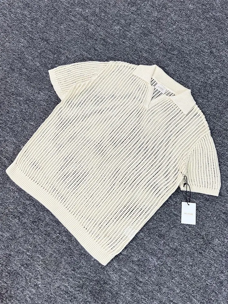 American Street Old Money Style Knitted Mesh Hollow out Casual Collar Short Sleeve T-Shirt Loose Fit Youthful Summer Fashion