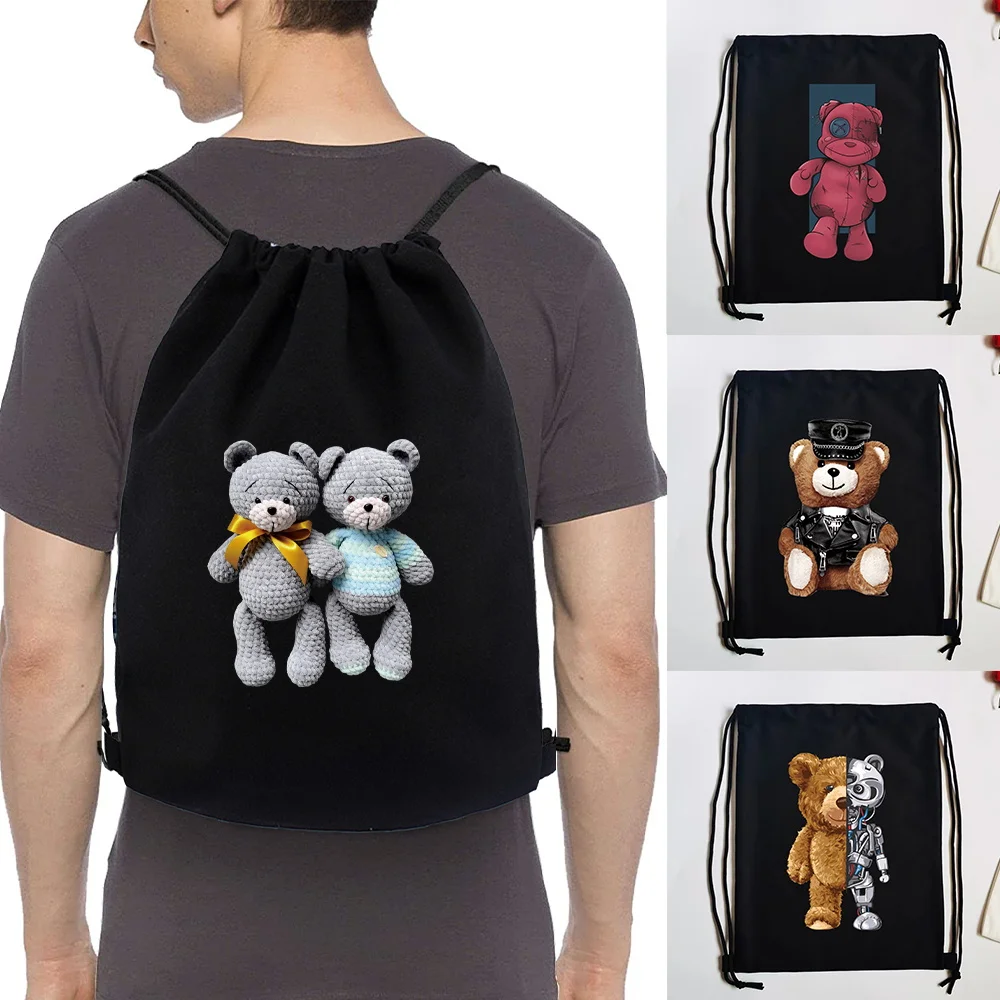 Light Drawstring Backpack Bear Print Canvas Sport Bag Gym Shopping Storage Daypack for Everyday Use