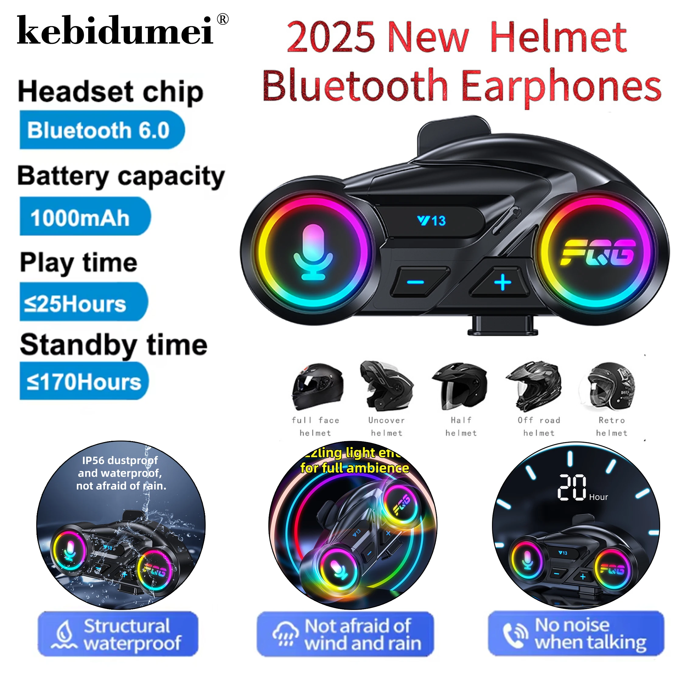 

Y13 Motorcycle Helmet Headset Bluetooth 6.0 1000mAH Battery Life with FM Radio Waterproof Noise Reduction Rgb Light Earphone