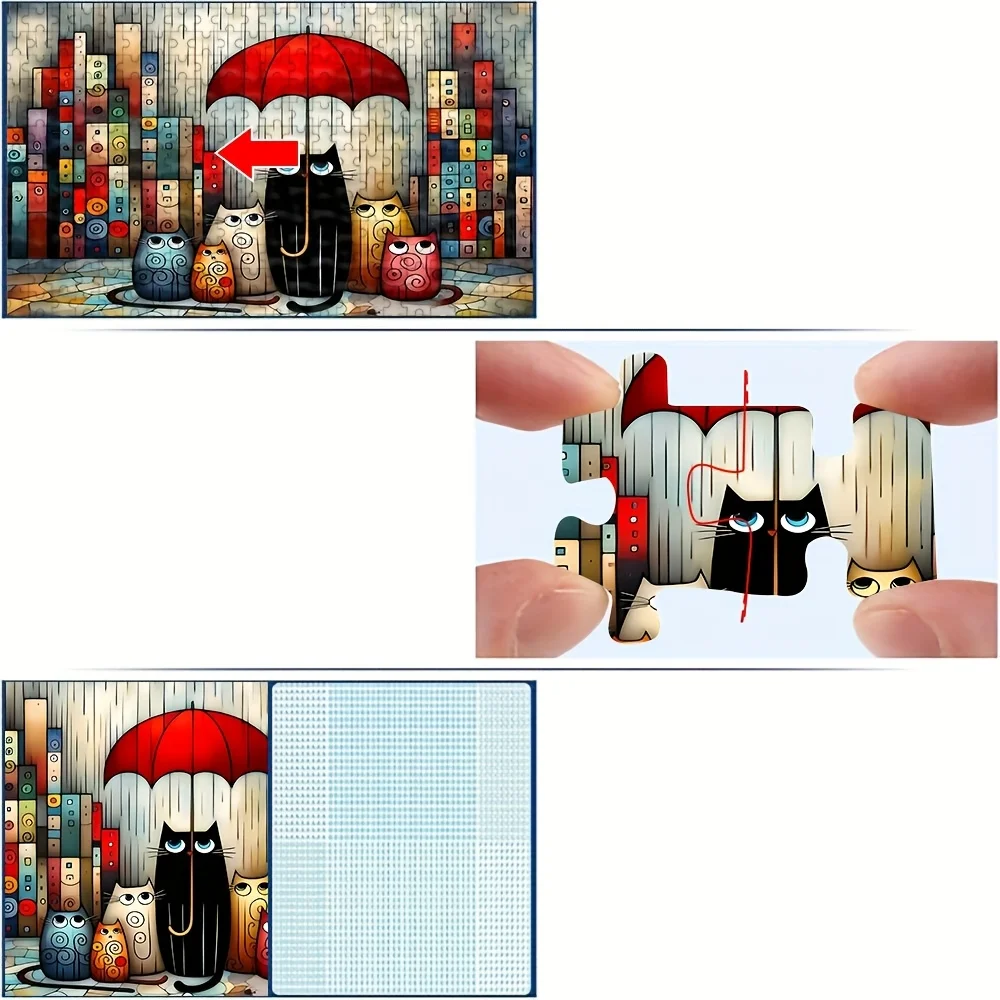 Puzzle dla dorosłych z motywem kotów pod czerwonym parasolem w deszczu w mieście, fantazyjna gra intelektualna, dekoracyjna zabawka do domu.