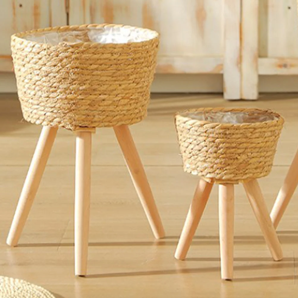 Wood Woven Plant Pot on Standing Legs Household Planter Pot Basket Wood Flower Basket