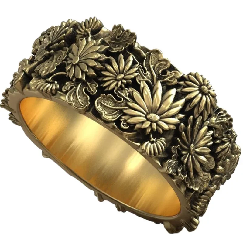 

13g Japanese Skull Flower Autumn Traditional Ornament Band Art Relief Gold Ring Customized 925 Solid Sterling Silver Many Sizes