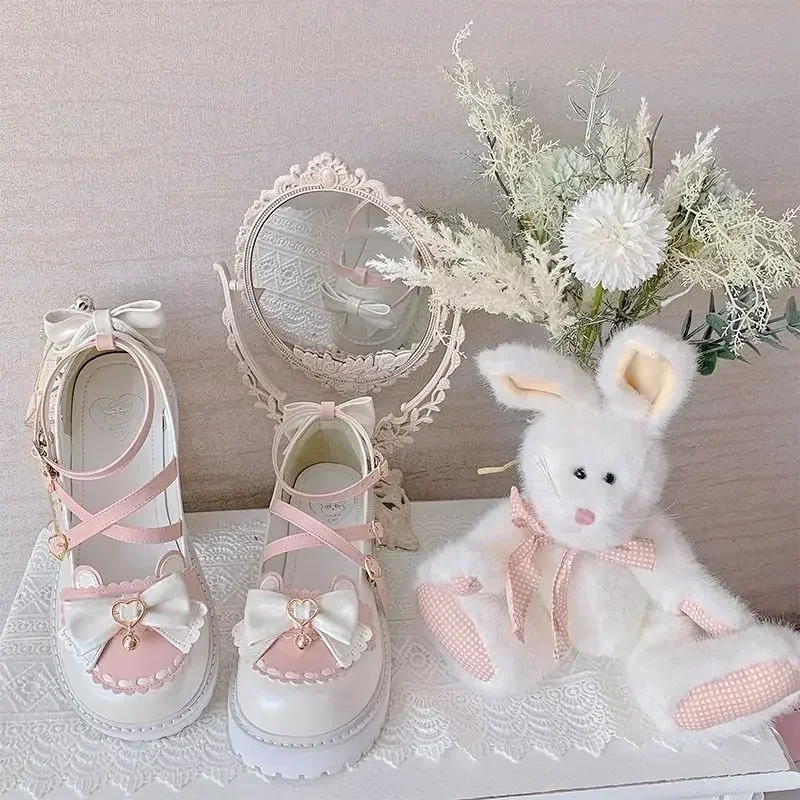 Ankle Buckle Strap Sweet Sandals Women Japanese Style Bow Kawaii Chic Round Toe Shoes Summer College Style Cute
