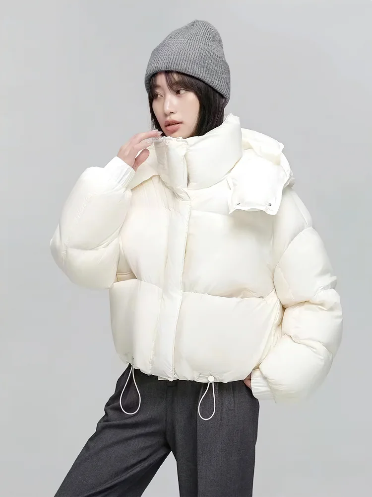 Short Down Coats for Women, 90 White Duck Hooded, Thick, Warm, Casual, Loose, Zipper, Winter Fashion, 2024