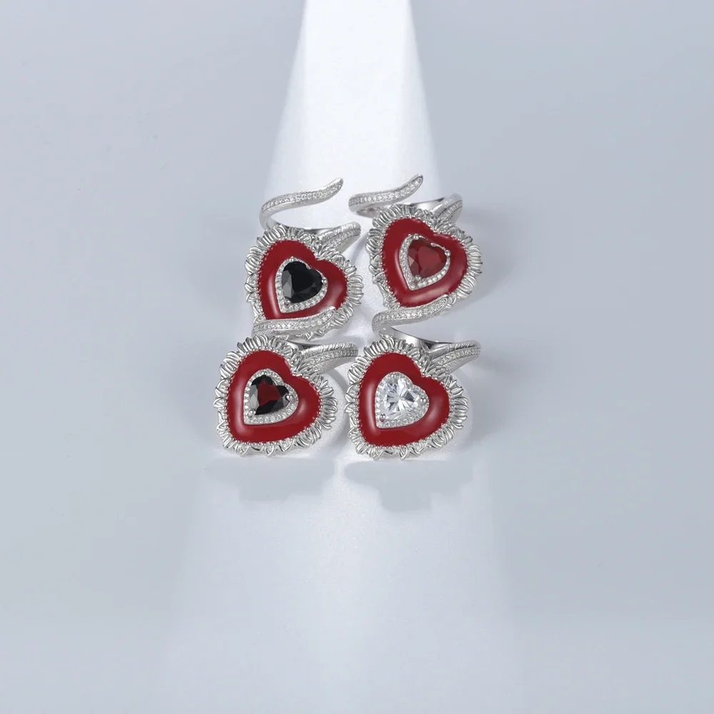 GEM\'S BALLET Heart Love Natural Red Agate Ring 925 Sterling Silver Original  Adjustable Open Finger Ring Enamel Vintage Jewelry