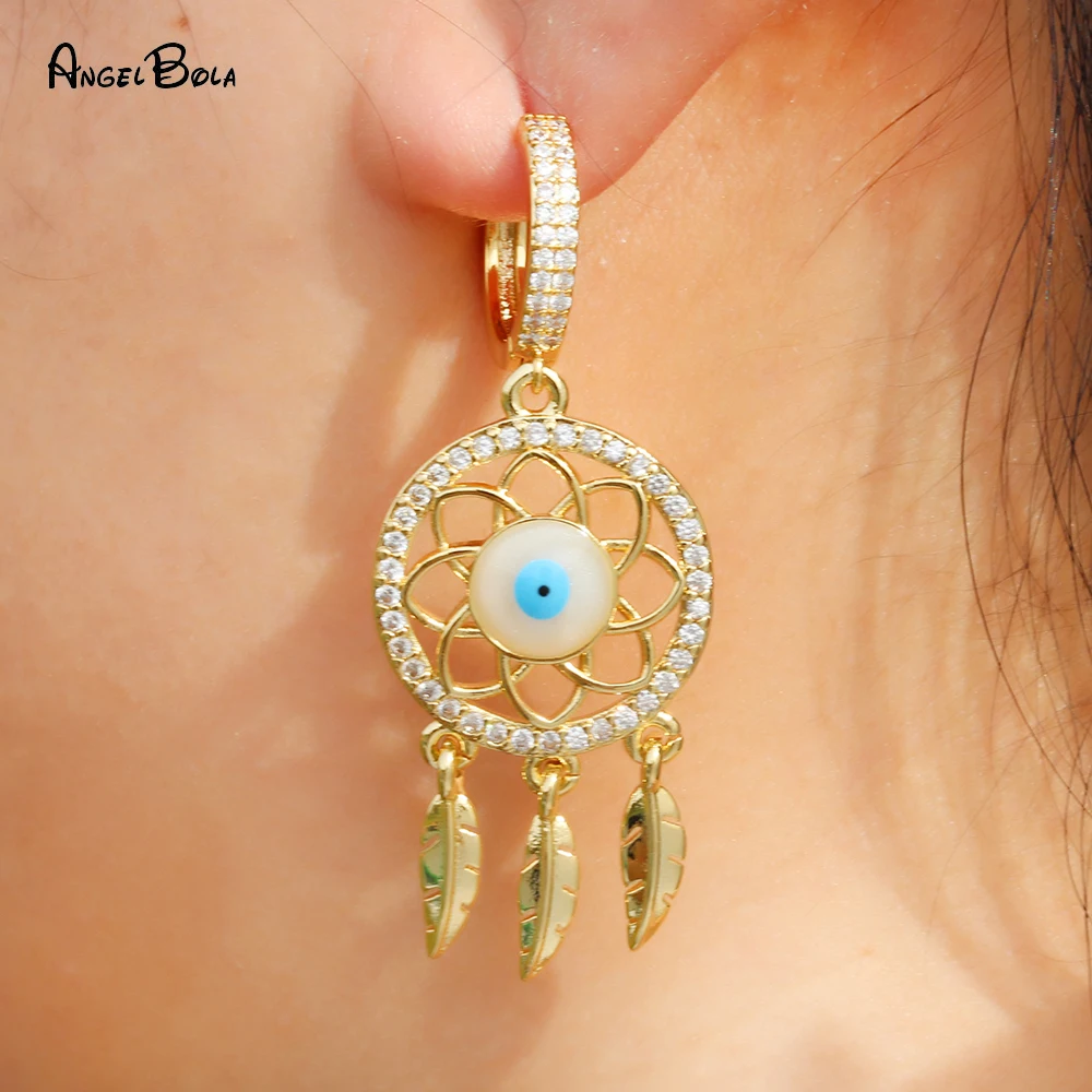 Luxury Zircon Dreamcatcher Drop Earrings for Women Fashion Muslim Islam Allah Evil Eye Earring Jewelry Accessories Wholesale