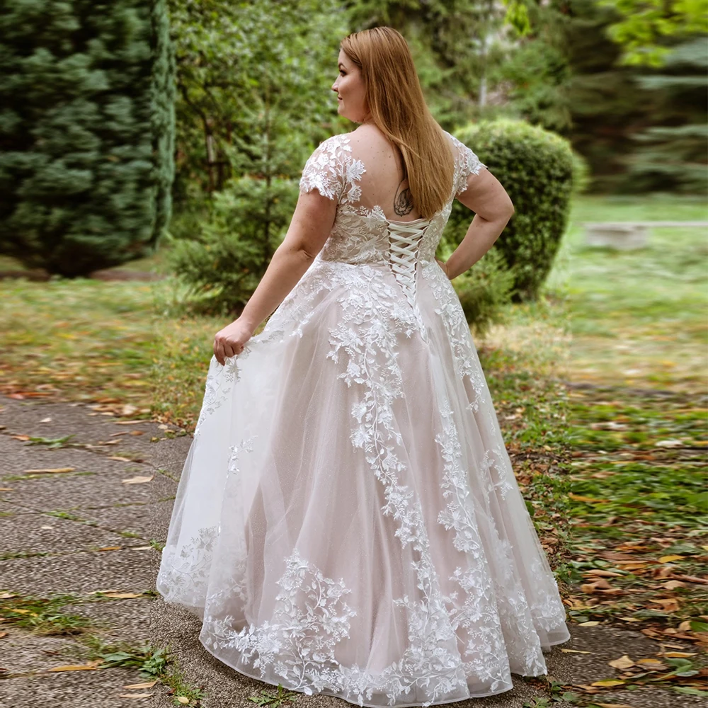 Plus Size Brautkleider für Frauen Kurzarm eine Linie Brautkleider mit Spitze neue weiche Tüll Schnürung Vestidos de Novia