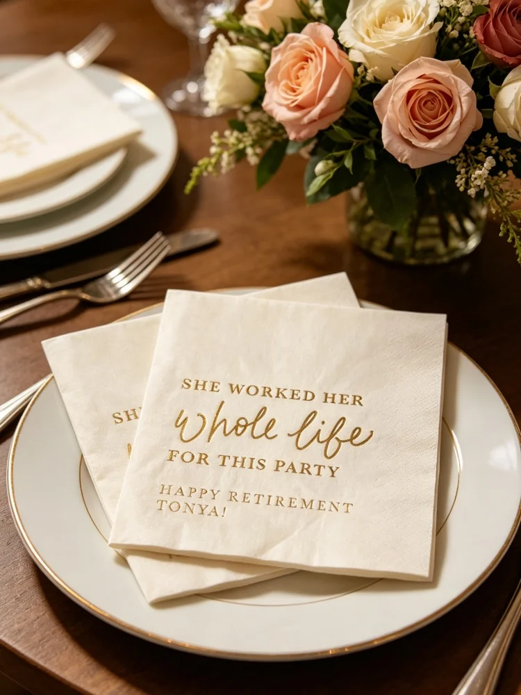 

Custom Gold Silver Rose Metallic Foil Congrats Retired Printed Cocktail Beverage Luncheon Disposable Paper Napkins Retirement