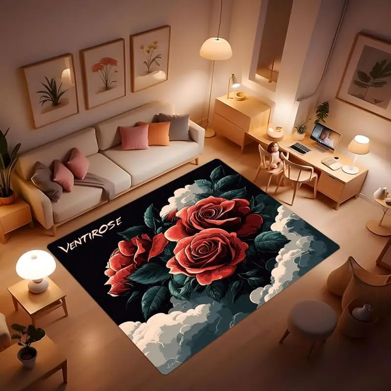 

Red Floral Area Rugs, Roses are The Ultimate Representative of Romance, Suitable for Living Room Bedroom Home Decoration