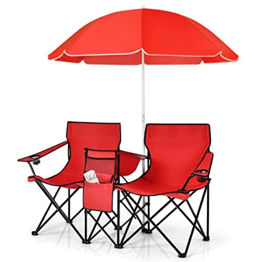 

Folding Double Camping Chair, Outdoor Picnic Chairs w/Removable Umbrella, Mini Table, Cup Holder and Carrying Bag, Portable Cam