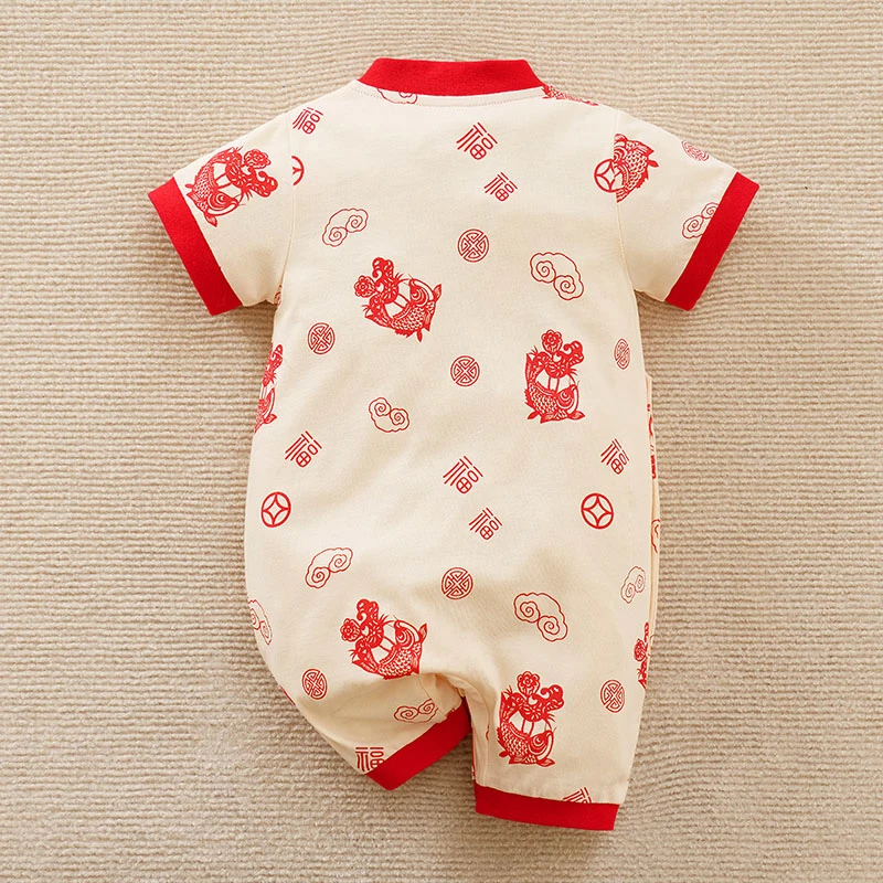 Summer new short sleeved Chinese style baby jumpsuit made of pure cotton for comfortable and breathable baby boys and girls