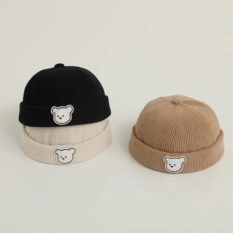 Solid Corduroy Brimless หมวกสําหรับทารกโดม Melon หมวกการ์ตูนหมีเด็กหมวก Bonnet ฤดูใบไม้ร่วงทารก Docker หมวก 3-24Month เด็กผู้หญิง