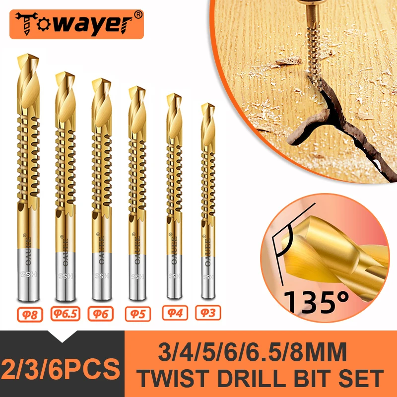 2/3/6pcs Twist Drill Bit Set Serrated Titanium Plated HSS Screw Thread Bit Screw Metric Composite Tap Drilling Polishing Tools