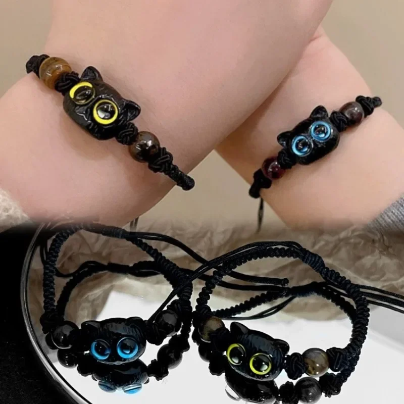 1/2pcs Cute Natural Stone Black Cat Bracelet Women Men Fashion Cartoon Animal Beaded Bracelets Handmade Fashion Jewelry Gifts