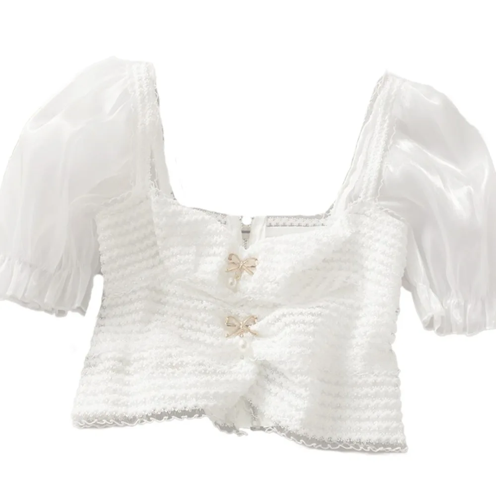 

Pleated Puff Sleeve Crop Top Knitwear Spicy Girl Style Lace Bow Knit T-shirt Female Clothing Slim Fit Sweet Top Women Female