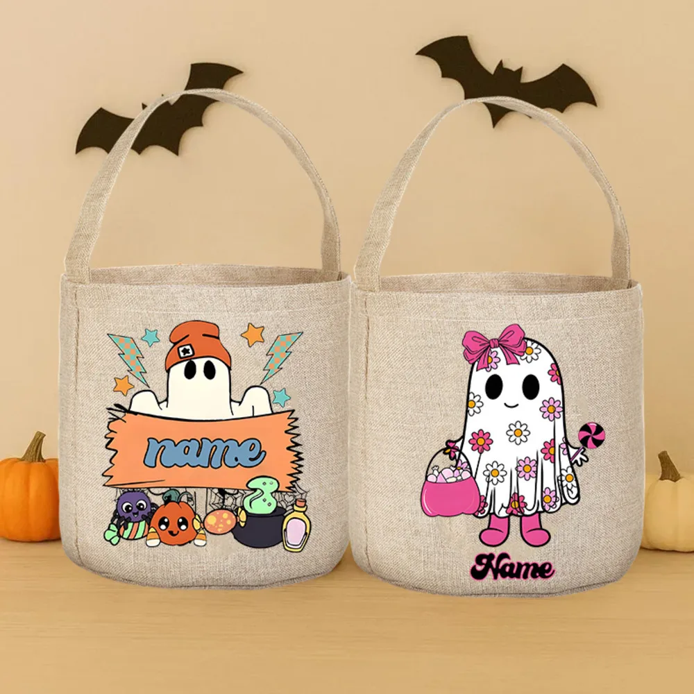 Personalized Halloween candy bag customized name linen candy tote bag cute ghost pumpkin spider round bucket