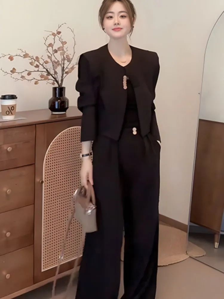 Women Fashion New Business Two Pieces Set Elegant Crop Jackets Casual Loose Pantsuit Female Formal Clothes Fall Trousers Suit