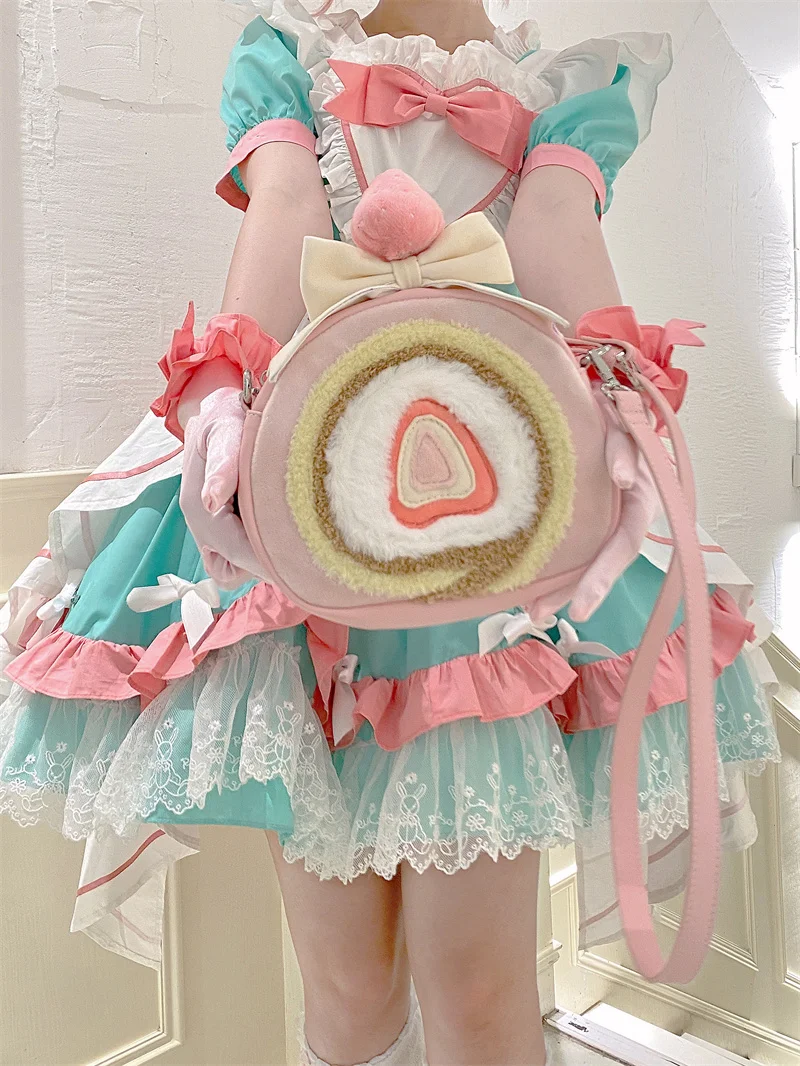 JIAERDI Soft Plush Strawberry Cake Roll Crossbody Bag Women Sweet Kawaii Pink Lolita Bag Girl Large Capacity Bow Backpack Female