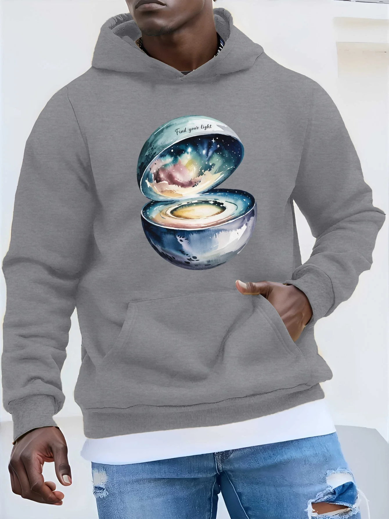 هوديي كاجوال بطبعة قمر وألوان مائية وكواكب - تصميم "اكتشف ضوءك"، فضفاض، أكمام طويلة، جيب أمامي