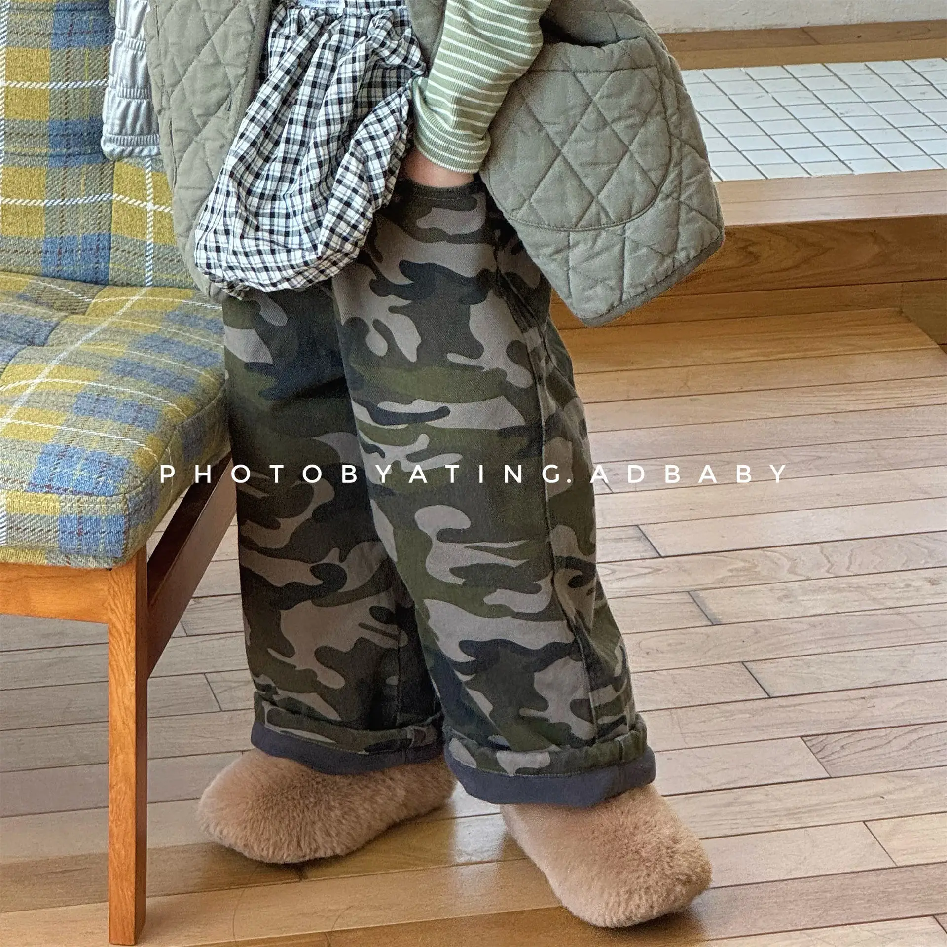 2025 Children Winter Clothing Children Korean Velvet Camouflage Pants Cotton Girls Winter Warm Pants Boys Pants