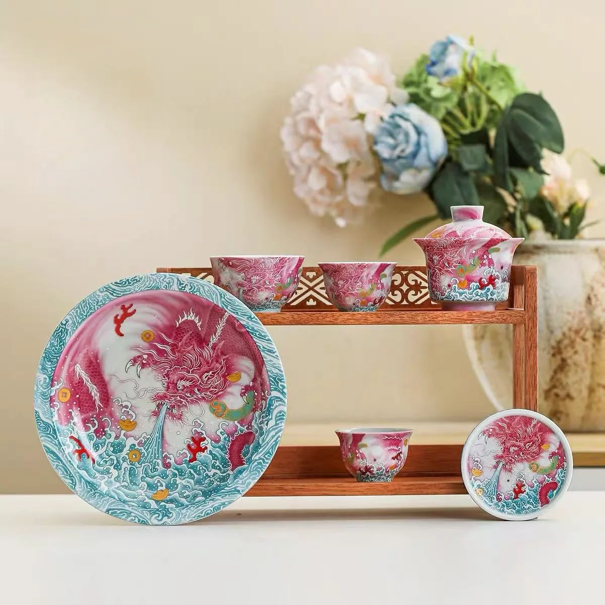 LMM high-grade enamel color ink dragon suction large cover bowl teacup Kung Fu tea set household
