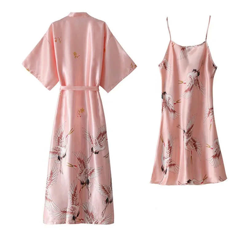 Sexy Nightwear Gown Set Women 2PC Pyjama V-Neck Pajamas Silky Sleepwear Spring Lady Sleep Suit Robe Wear Home Negligee Homewear